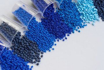 different blue colored plastic resins in laboratory - obrazy, fototapety, plakaty