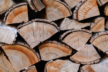 Fototapeta premium Firewood is stacked in front of the white wall.