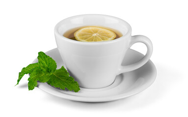 Tea with sliced lemon on background