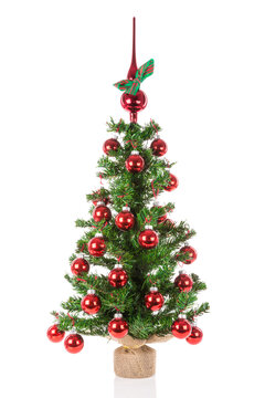 Decorated Christmas tree with peak balls isolated on transparent background