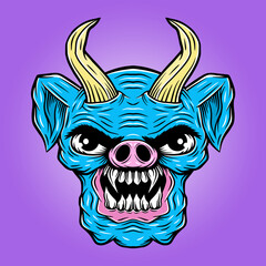 Angry head pig with horn and sharp teeth