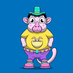 Cute monkey cartoon character with pets