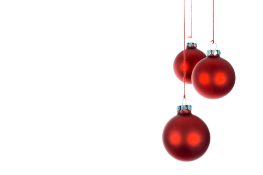 Three hanging Christmas balls isolated on transparent background