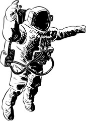 PNG engraved style illustration for posters, decoration and print. Hand drawn sketch of astronaut in black isolated on white background. Detailed vintage etching style drawing.   © DELstudio