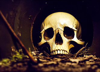 Human skull of a dead man abandoned in the dead leaves, 3d illustration