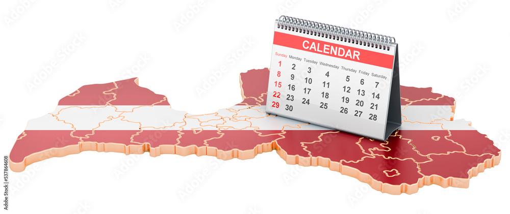 Aufkleber desk calendar on the map of latvia. 3d rendering