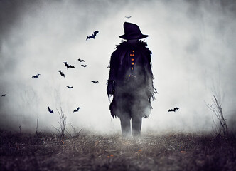 Scary scarecrow in the moon fog, during Halloween night, illustration 3d