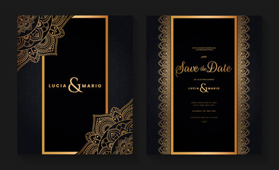 Luxury wedding invitation card design with golden mandala and abstract pattern, Arabic Islamic east background style, Decorative ornamental mandala for print, poster, cover, flyer, and banner.