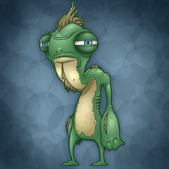 Squinty Eyed, Green, Lizard Man Cartoon Illustration