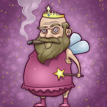 Manly Fairy Princess Smoking a Cigar, wearing a Tiara, and Holding a Wand Cartoon Illustration