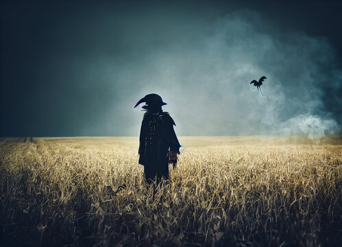 Haunted scarecrow in the middle of a wheat field on Halloween night, 3d illustration