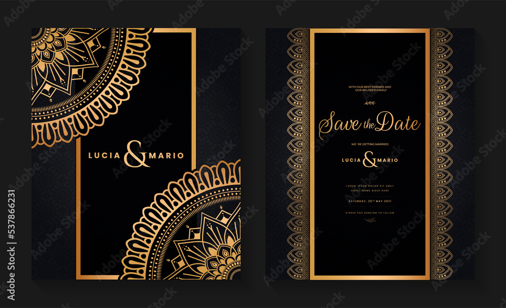 Wall mural luxury wedding invitation card design with golden mandala and abstract pattern, arabic islamic east 