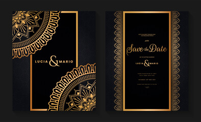 Luxury wedding invitation card design with golden mandala and abstract pattern, Arabic Islamic east background style, Decorative ornamental mandala for print, poster, cover, flyer, and banner.