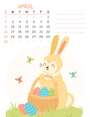 April children's vertical calendar for 2023 with an illustration of a cute rabbit with Easter eggs in a basket. 2023 is the year of the rabbit. Vector spring Easter illustration of the calendar page.