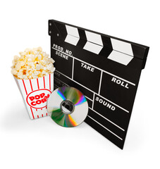 Movie clapper board, box of popcorn and a DVD disc isolated on white