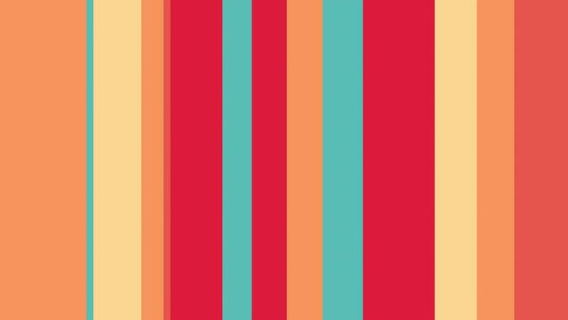 Colorful retro 1970s striped pattern background with gently moving vertical stripes in warm vintage color tones. This simple motion background animation is 4K and a seamless loop.