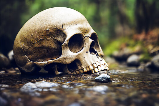 Skull of a decomposed human corpse in a river, realistic and macabre 3d illustration
