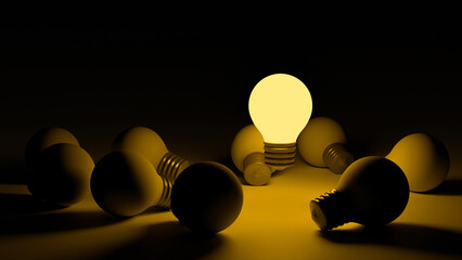 Light bulbs with glowing one different idea. Creativity and innovation ideas concept. Leadership, innovation, great idea and individuality concepts. 3d rendering
