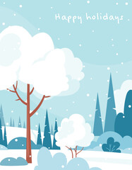 Winter landscape. Vector illustration of forest landscape and city park with pines, snowy mountains, christmas trees, bushes. Xmas day. Happy Holidays greeting card, postcard, web banner, poster