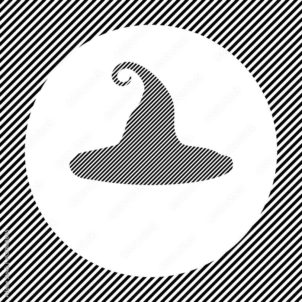 Poster a large witch hat symbol in the center as a hatch of black lines on a white circle. interlaced effec