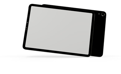 Modern tablet computer stand with blank screen isolated on white background