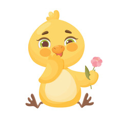 Cartoon baby chicken holding a flower.Vector illustration on a white background