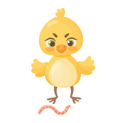 Cute baby chicken looks at the worm. Vector illustration on a white background.