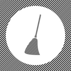A large broom symbol in the center as a hatch of black lines on a white circle. Interlaced effect. Seamless pattern with striped black and white diagonal slanted lines
