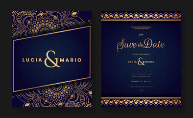 Luxury wedding invitation card design with golden mandala and abstract pattern, Arabic Islamic east background style, Decorative ornamental mandala for print, poster, cover, flyer, and banner.