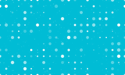 Seamless background pattern of evenly spaced white octagon symbols of different sizes and opacity. Vector illustration on cyan background with stars