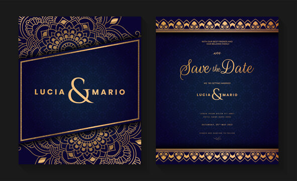 Luxury wedding invitation card design with golden mandala and abstract pattern, Arabic Islamic east background style, Decorative ornamental mandala for print, poster, cover, flyer, and banner.