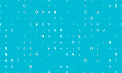 Seamless background pattern of evenly spaced white number nine symbols of different sizes and opacity. Vector illustration on cyan background with stars