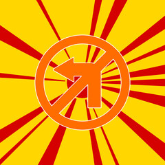 No left turn sign on a background of red flash explosion radial lines. The large orange symbol is located in the center of the sun, symbolizing the sunrise. Vector illustration on yellow background