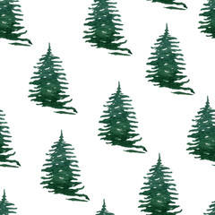 Seamless pattern of Christmas trees. Winter happy New Year wrapping paper background. Christmas tree ornament isolated on white.