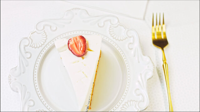 Panna Cotta Cheesecake With Strawberries On A Retro Plate. Use A Gold Fork And Knife. Golden Ratio Composition. Macro And Slider