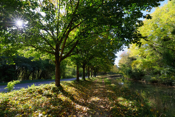 Towpath along the Ourcq canal. Congis-sur-Thérouanne village in Île de France region
