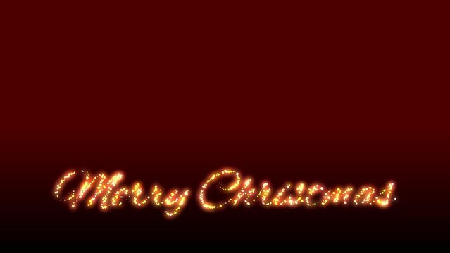 Merry Christmas golden text animation with sparkling Christmas letters imploding with particles on dark red and black background with glittering glowing Merry Christmas letters festive animation