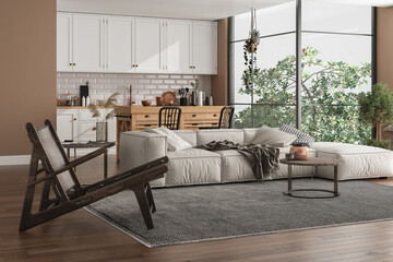 Modern Living, dining room and kitchen with panoramic view 3d rendering.The Room has wooden floors, decorate with white furniture, beige and white walls.Overlooks tree and landscape view.