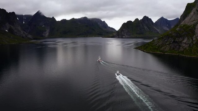 Cloudy Norwegian Fishing Village Aerial, old fishing ship