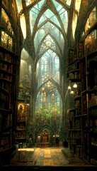 AI generated image of a large ancient library with high gothic arches, stained glass windows, vintage wooden furniture and magical lights 