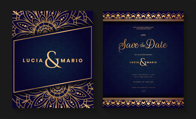 Luxury wedding invitation card design with golden mandala and abstract pattern, Arabic Islamic east background style, Decorative ornamental mandala for print, poster, cover, flyer, and banner.