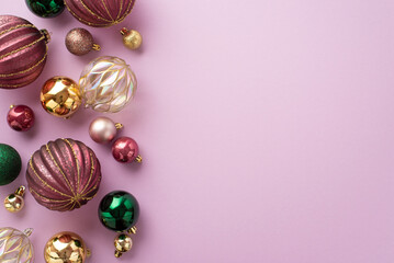 Christmas tree decorations concept. Top view photo of pink transparent green and gold baubles balls...
