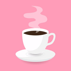 Cup of fresh coffee with steam. Flat style. Decorative design for cafeteria, posters, banners, postcards. Vector illustration.