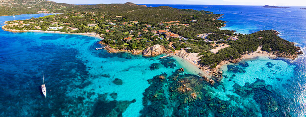 Italy summer holidyas . Sardegna island - stunning Emerald coast with most beautiful beaches - Celvia, Capriccioli, Elefante. Aerial drone view