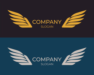 Abstract gold and silver luxury angel wings logo on the dark-blue and dark-violet background. Creative idea logos designs. Symbol and Icon vector template. - obrazy, fototapety, plakaty