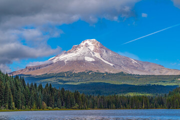 Snowy mountain, forest and lake (Hood Mountain)
