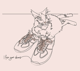 Linear illustration of a lazy cat in boots
