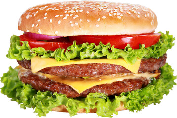 Tasty hamburger on white background, menu for cafe and fast-food restaurant