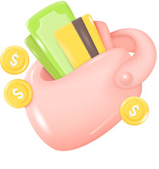 3D Wallet full of Money Isolated on Transparent Background. Banknotes, Coins, Credit Card. 3D Design in Cartoon Style