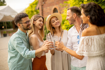Group of happy young people cheering with fresh lemonade in the garden